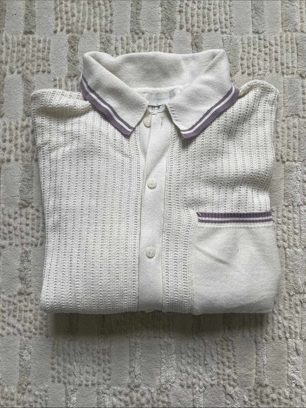 Short-Sleeve White Knit Polo with Purple Trim
